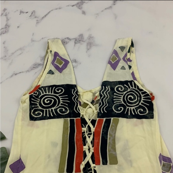 Womens Vintage 90s Sundress Size S Art Block Print Floral Lace Up Back Shift - Picture 5 of 6